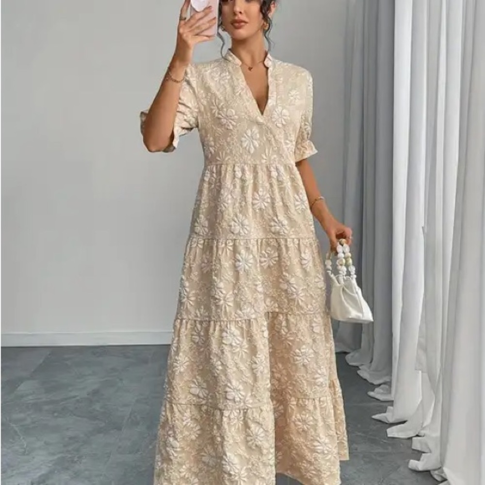 Embroidered Cream V-Neck Tiered Maxi Dress